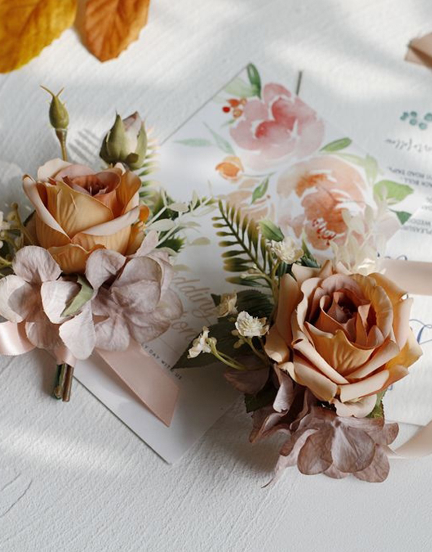 Apricot Flowers Homecoming Party Pearls Wrist Corsage And Boutonniere Set