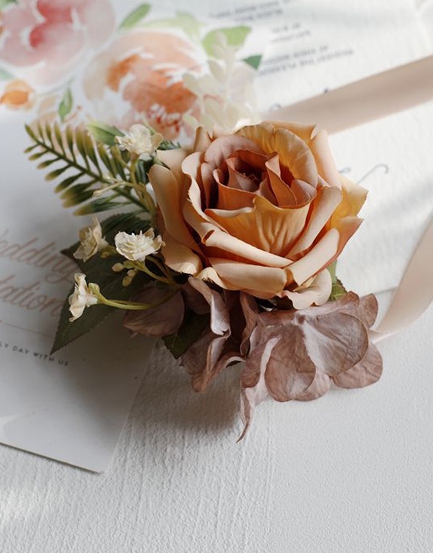 Apricot Flowers Homecoming Party Pearls Wrist Corsage And Boutonniere Set