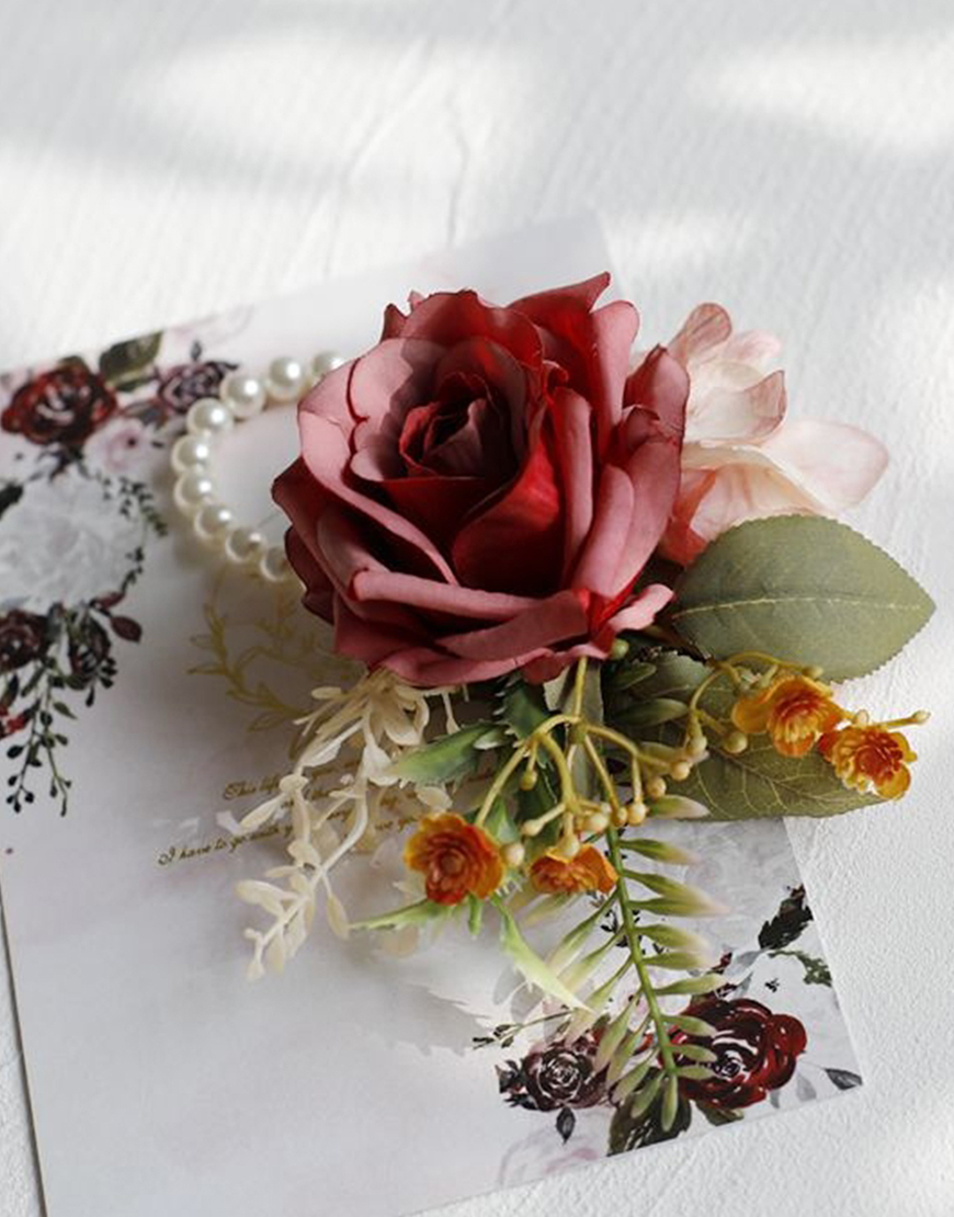 Apricot Flowers Homecoming Party Pearls Wrist Corsage And Boutonniere Set