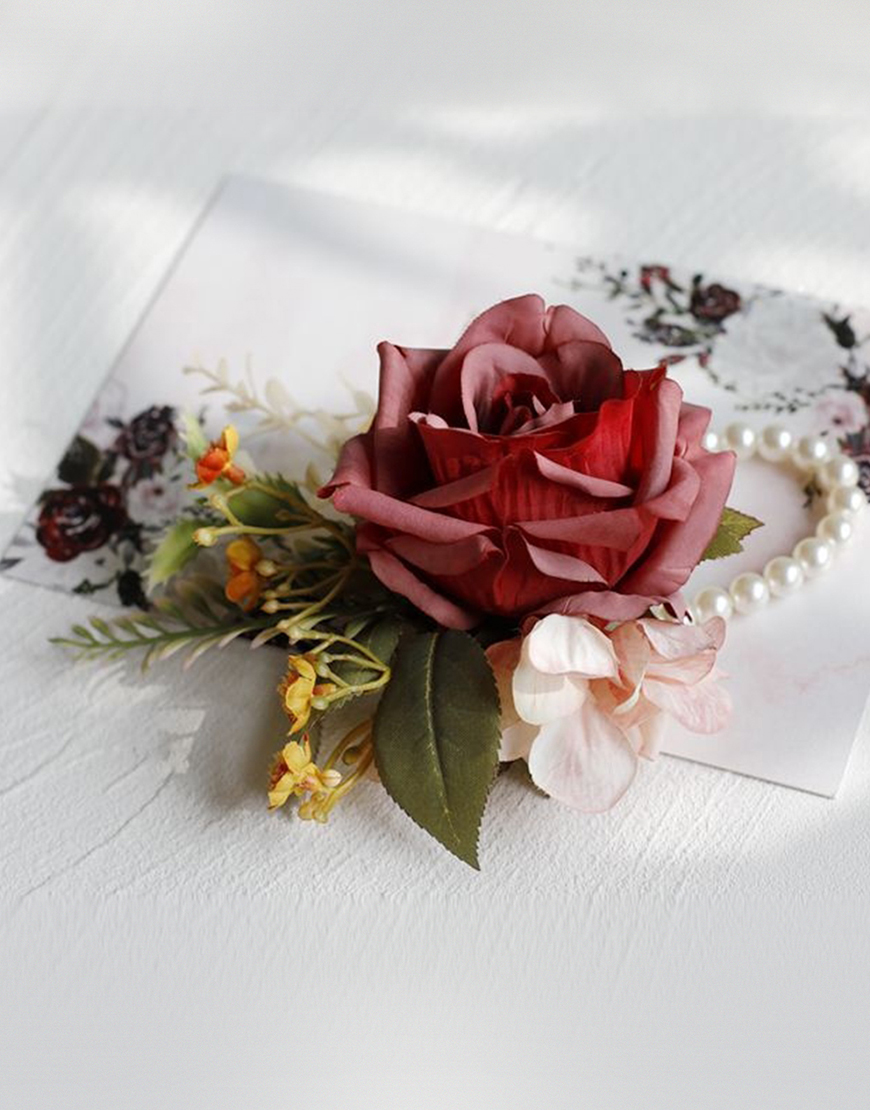 Apricot Flowers Homecoming Party Pearls Wrist Corsage And Boutonniere Set