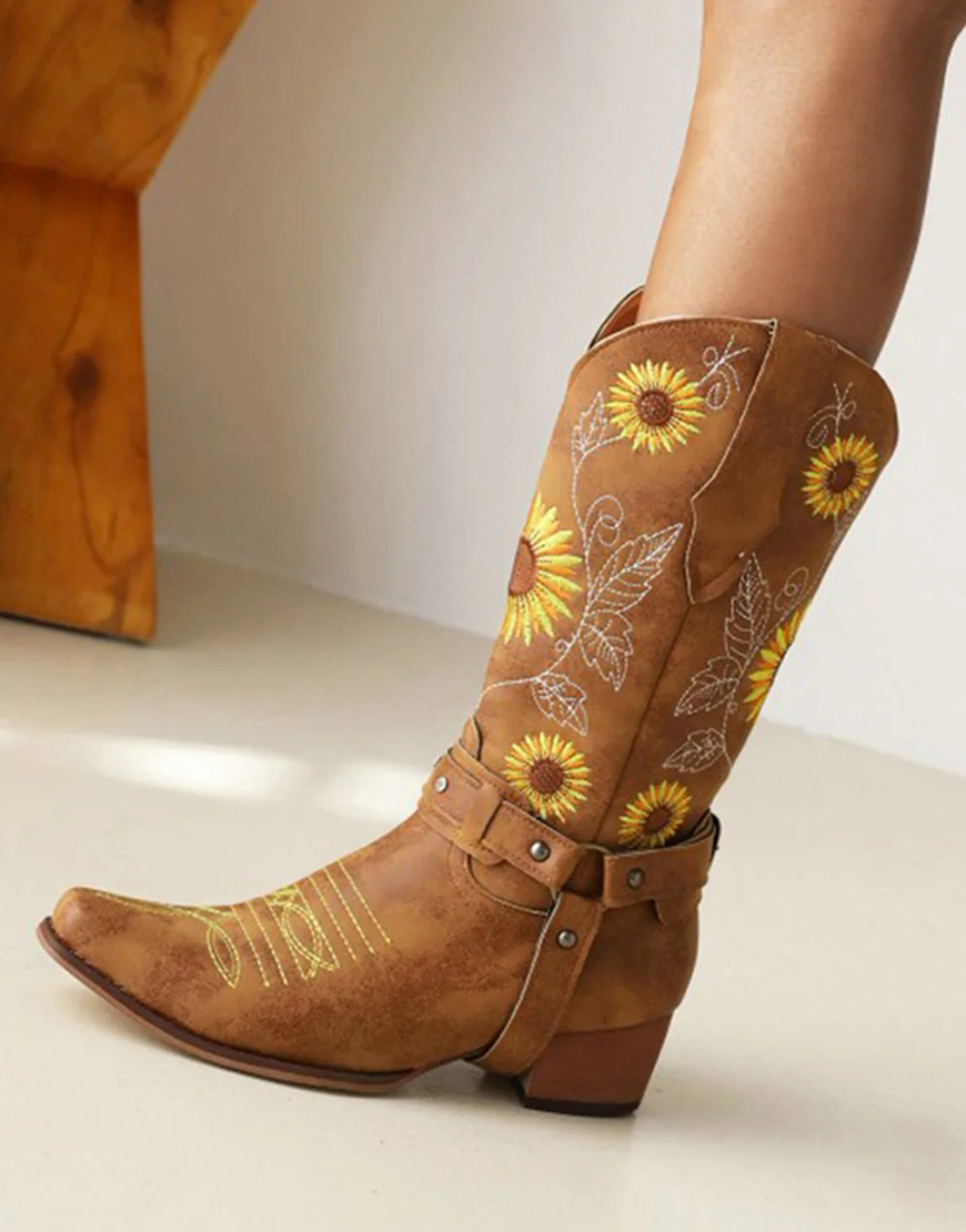Brown Sunflower Pattern On Pointed Toe Chunky Heel Cowgirl Boots