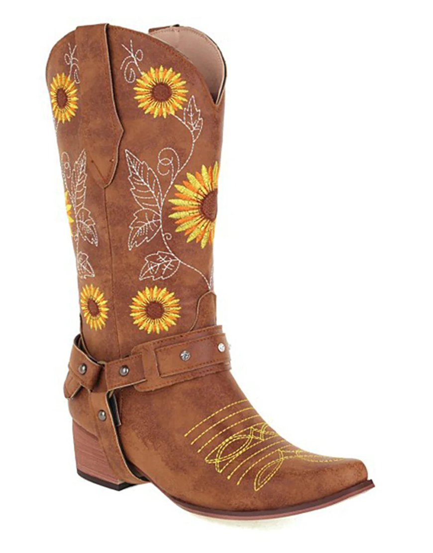 Brown Sunflower Pattern On Pointed Toe Chunky Heel Cowgirl Boots