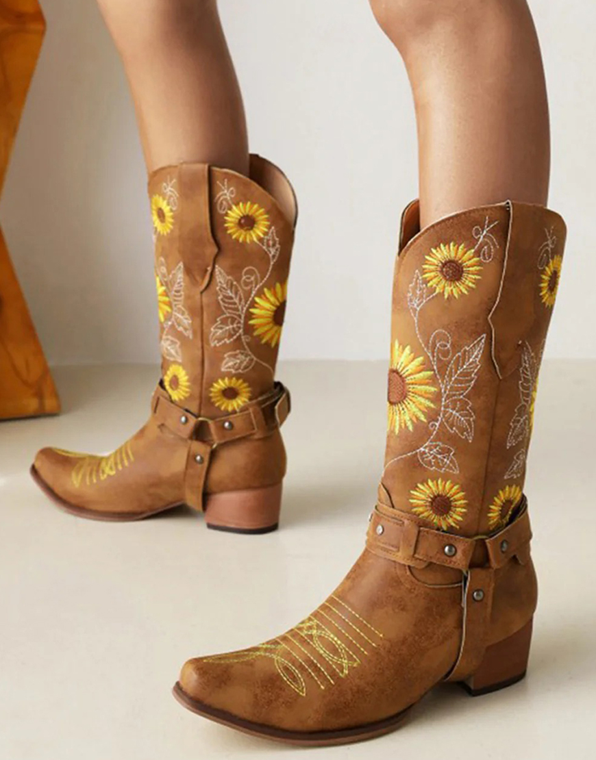 Brown Sunflower Pattern On Pointed Toe Chunky Heel Cowgirl Boots