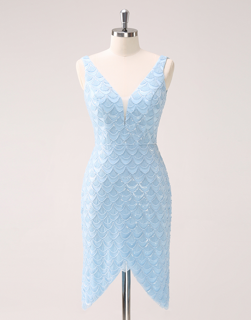 Sparkly Blue Mermaid V Neck Homecoming Dress