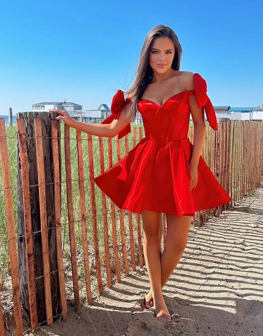Red A-Line Off the Shoulder Corset Homecoming Dress with Bow