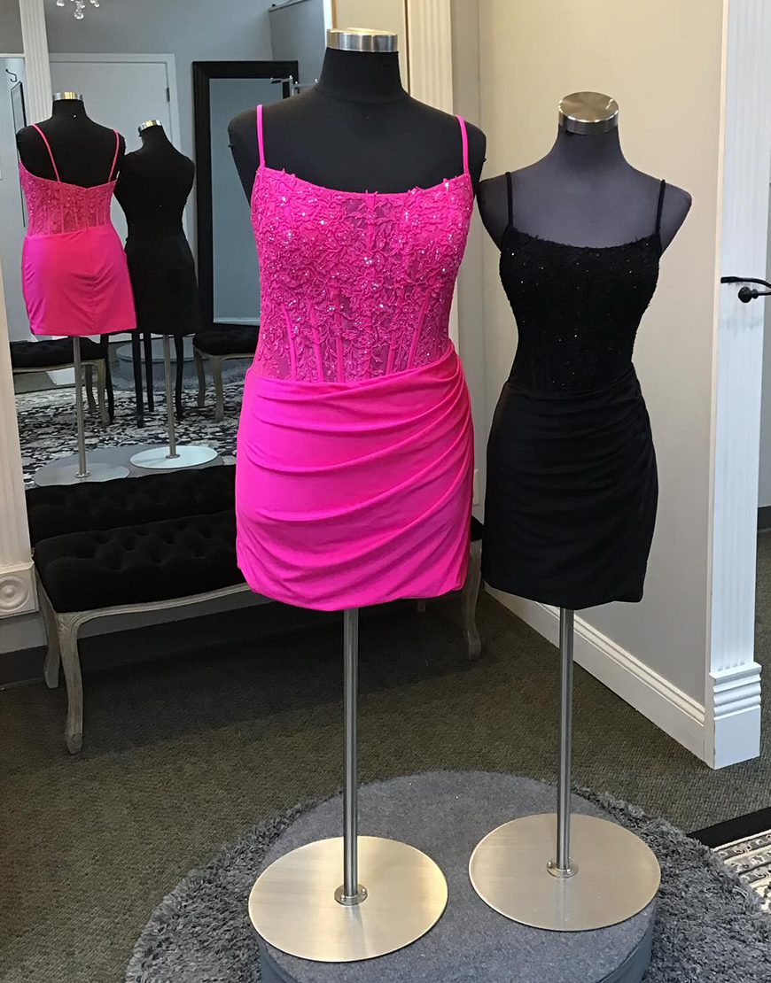 Sparkly Fuchsia Ruched Spaghetti Straps Beaded Tight Corset Homecoming Dress with Appliques