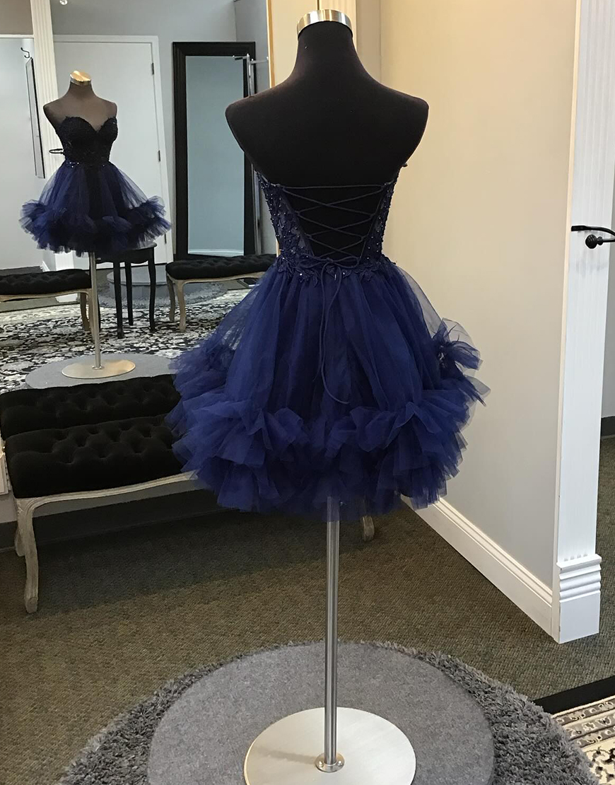 Sparkly Navy Beaded A-Line Strapless Ruffles Homecoming Dress