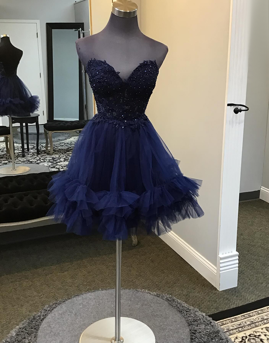 Sparkly Navy Beaded A-Line Strapless Ruffles Homecoming Dress