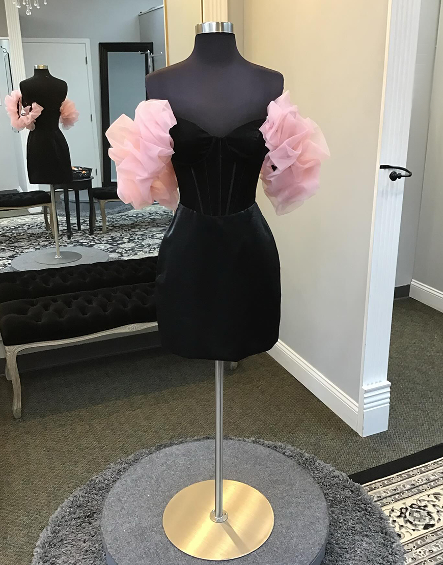 Black Pink Ruffled Off the Shoulder Tight Corset Homecoming Dress