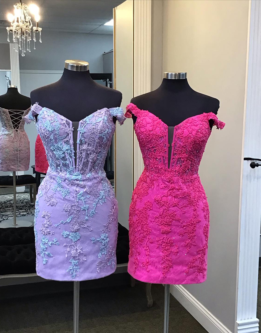 Sparkly Lilac Tight Off the Shoulder Beaded Appliques Homecoming Dress