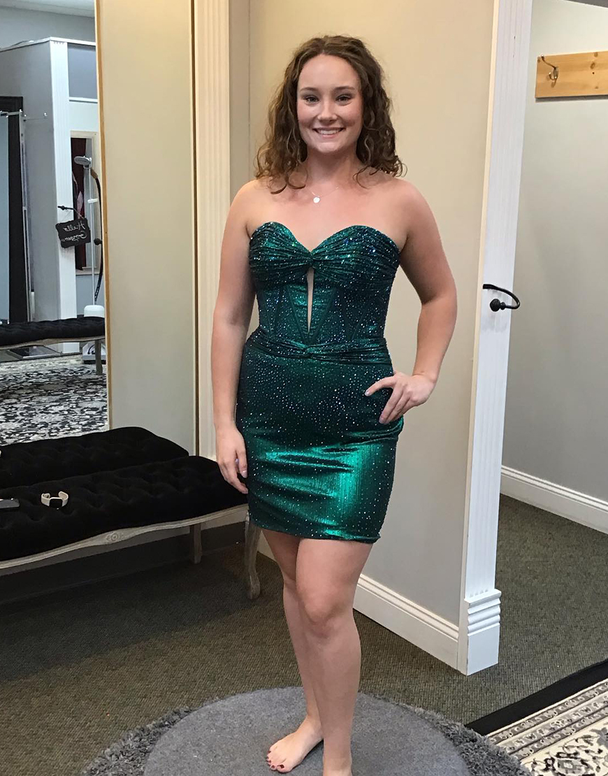 Sparkly Dark Green Beaded Tight Strapless Corset Homecoming Dress
