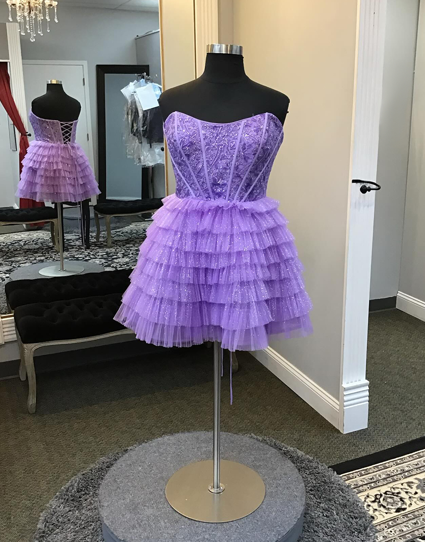 Sparkly Purple A-Line Strapless Tiered Corset Embroidery Homecoming Dress
