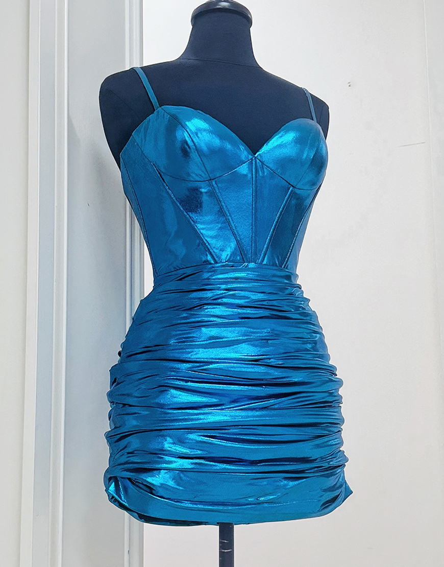 Metallic Blue Tight Corset Spaghetti Straps Ruched Homecoming Dress