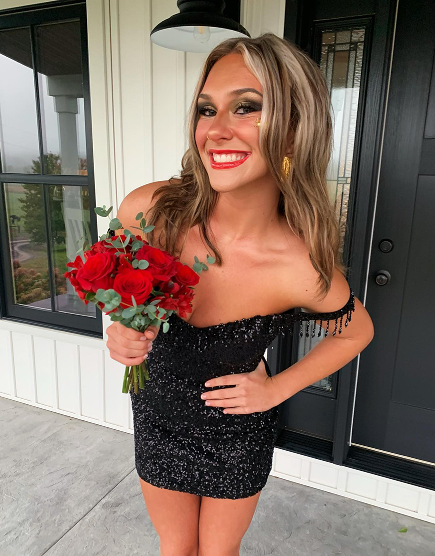 Sparkly Black Sequins Tight Off the Shoulder Homecoming Dress with Tassels