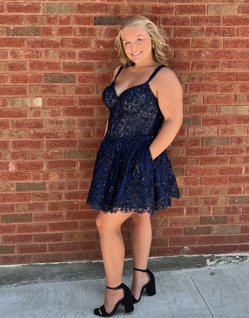 Sparkly Navy A-Line Corset Sequined Homecoming Dress