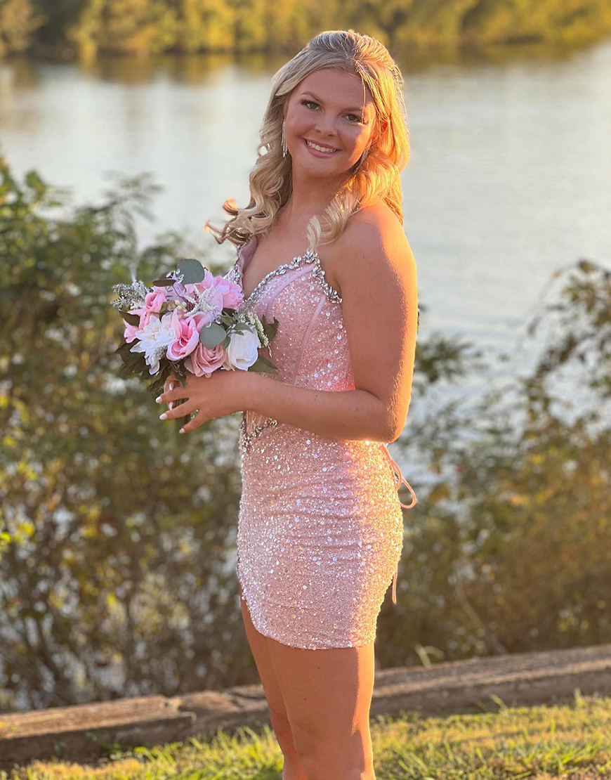 Sparkly Blush Beaded Strapless Corset Homecoming Dress