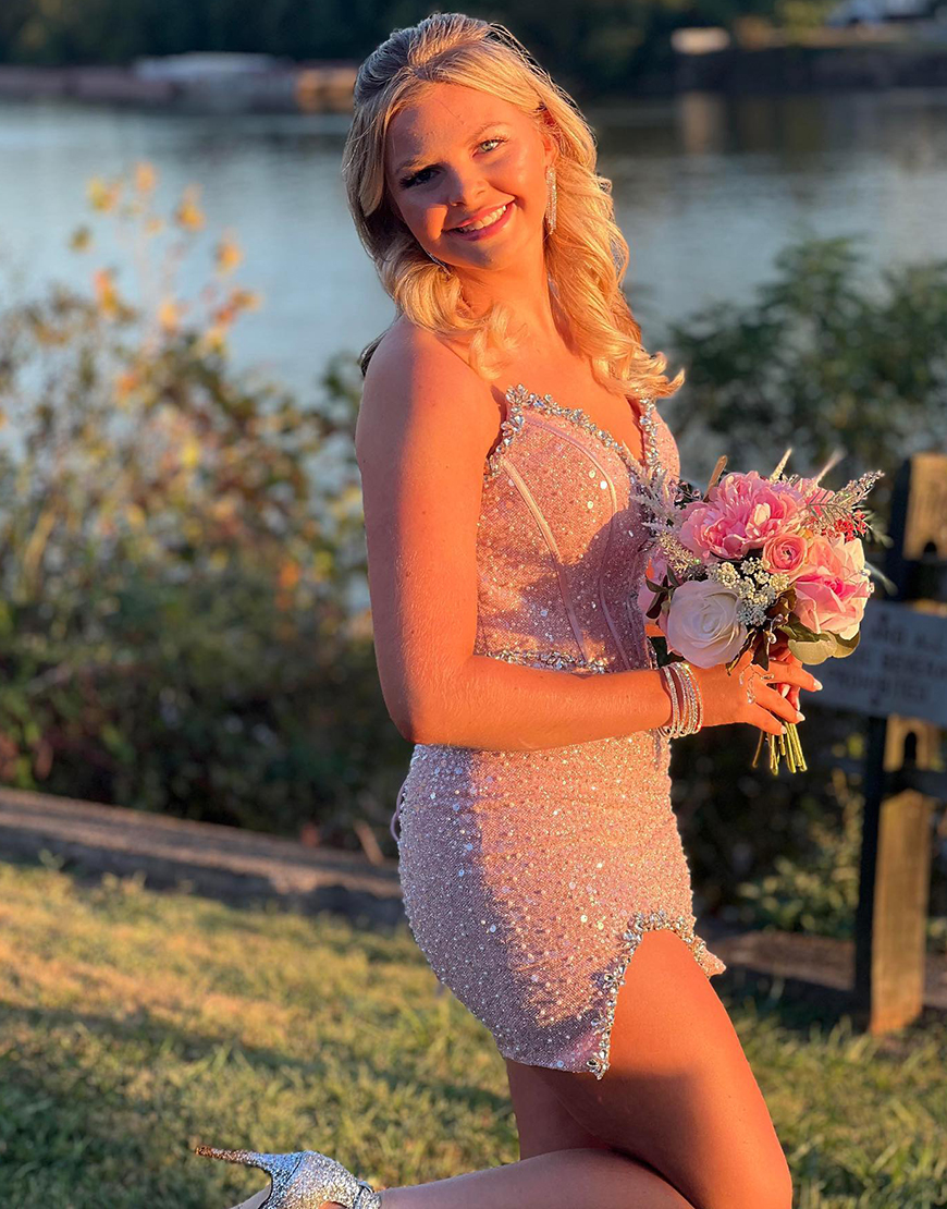 Sparkly Blush Beaded Strapless Corset Homecoming Dress