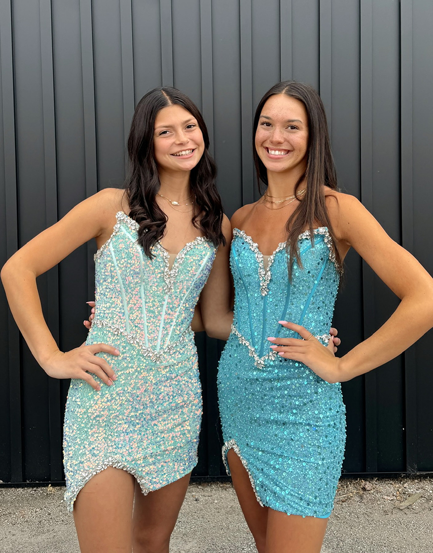 Sparkly Blush Beaded Strapless Corset Homecoming Dress