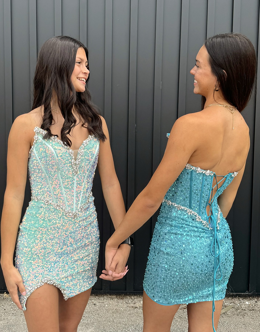 Sparkly Blush Beaded Strapless Corset Homecoming Dress