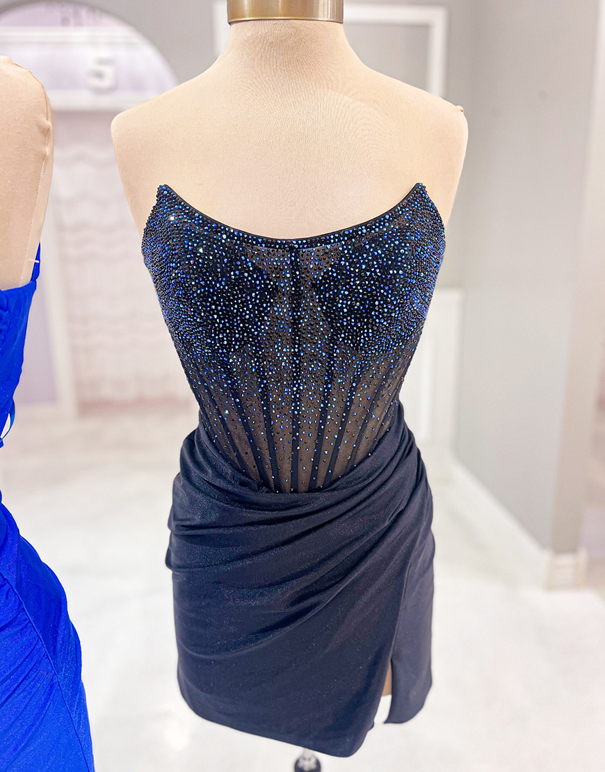 Sparkly Blue Tight Beaded Corset Strapless Ruched Homecoming Dress