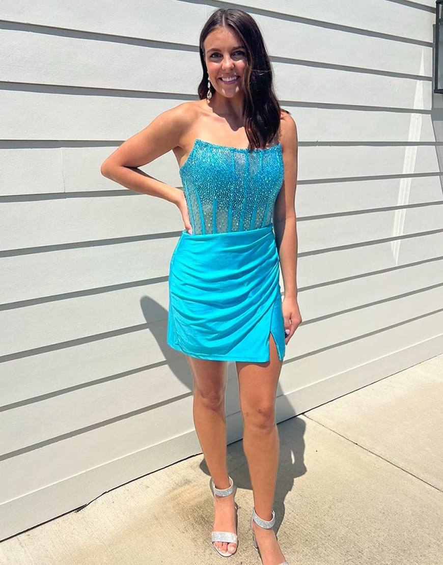 Sparkly Blue Tight Beaded Corset Strapless Ruched Homecoming Dress
