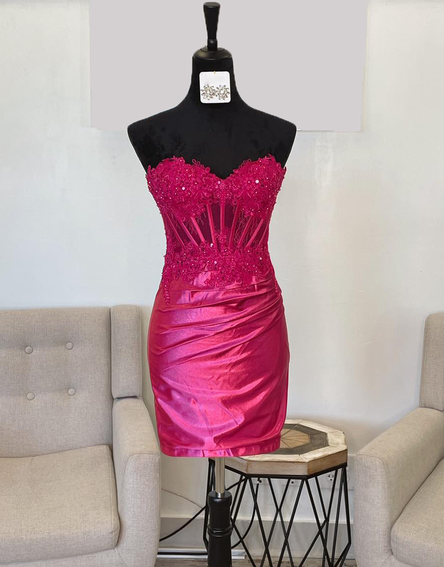 Sparkly Fuchsia Beading Appliques Corset Tight Strapless Homecoming Dress