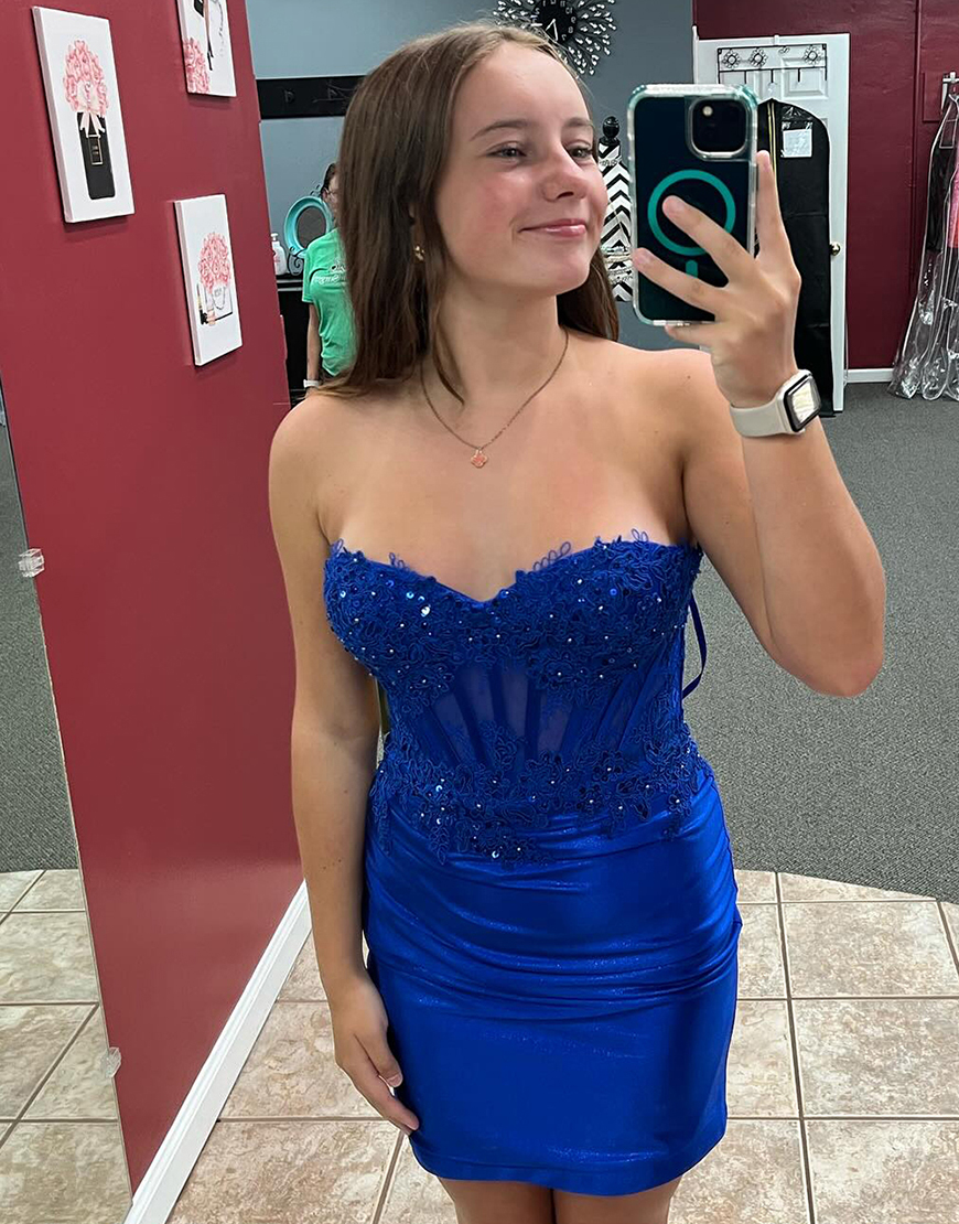 Sparkly Fuchsia Beading Appliques Corset Tight Strapless Homecoming Dress