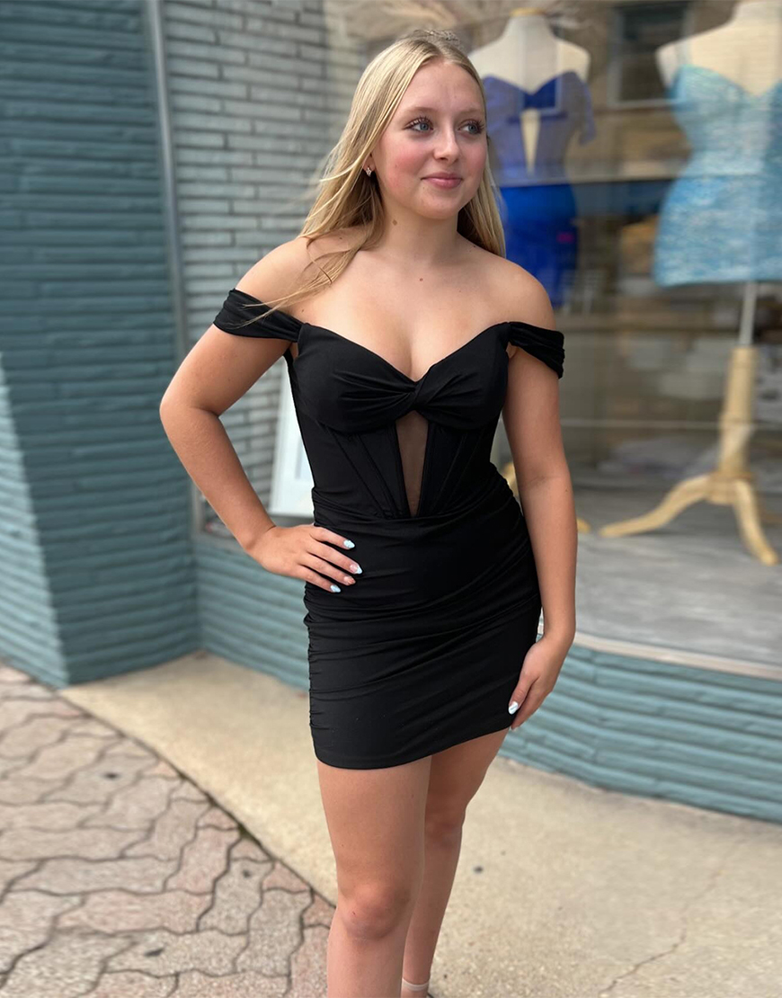 Black Off the Shoulder Tight Corset Satin Homecoming Dress