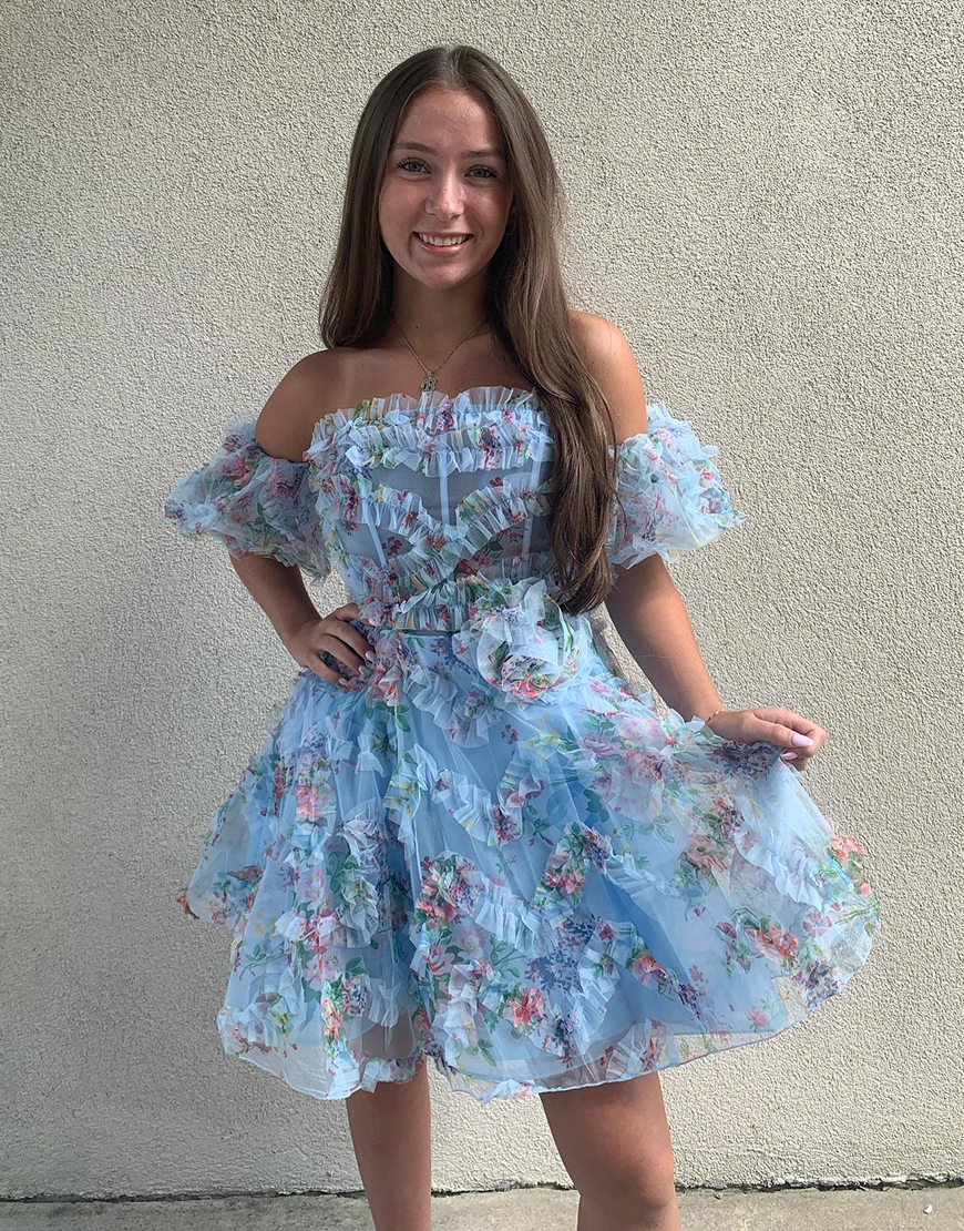 Blue A-Line Ruffle Off the Shoulder Floral Tulle Homecoming Dress
