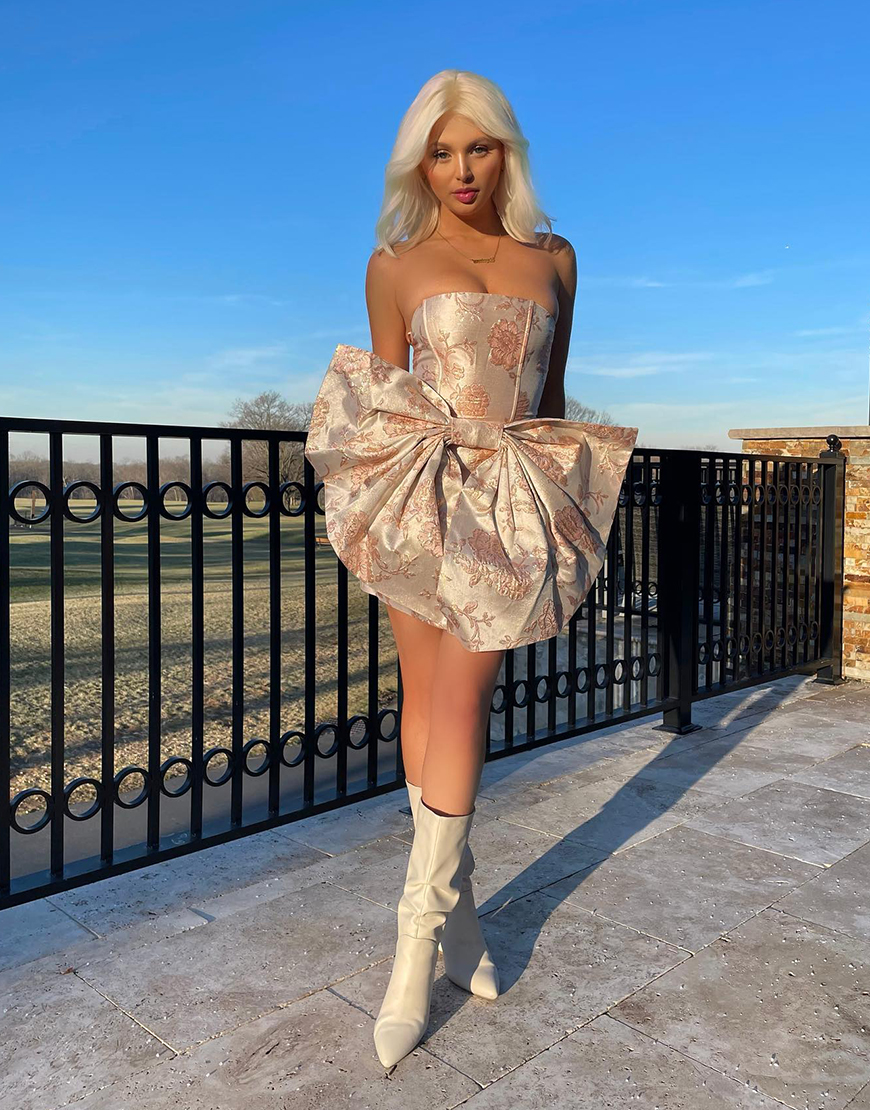 Blush Floral Strapless Tight Corset Homecoming Dress with Bow