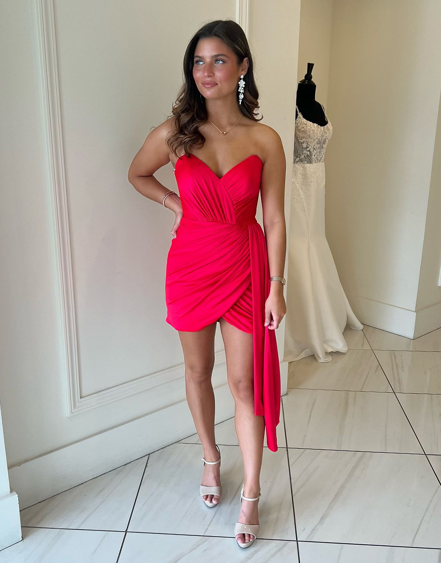 Red Strapless Tight Homecoming Dress with Side Drape