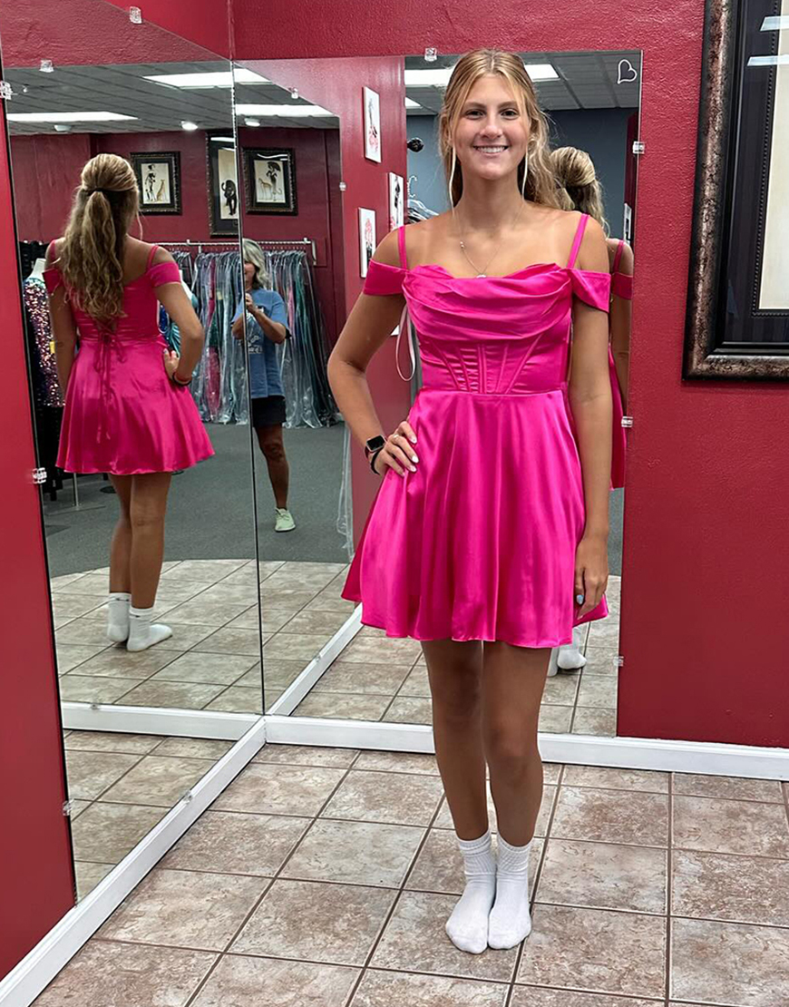 Fuchsia A-Line Cold Shoulder Corset Satin Homecoming Dress