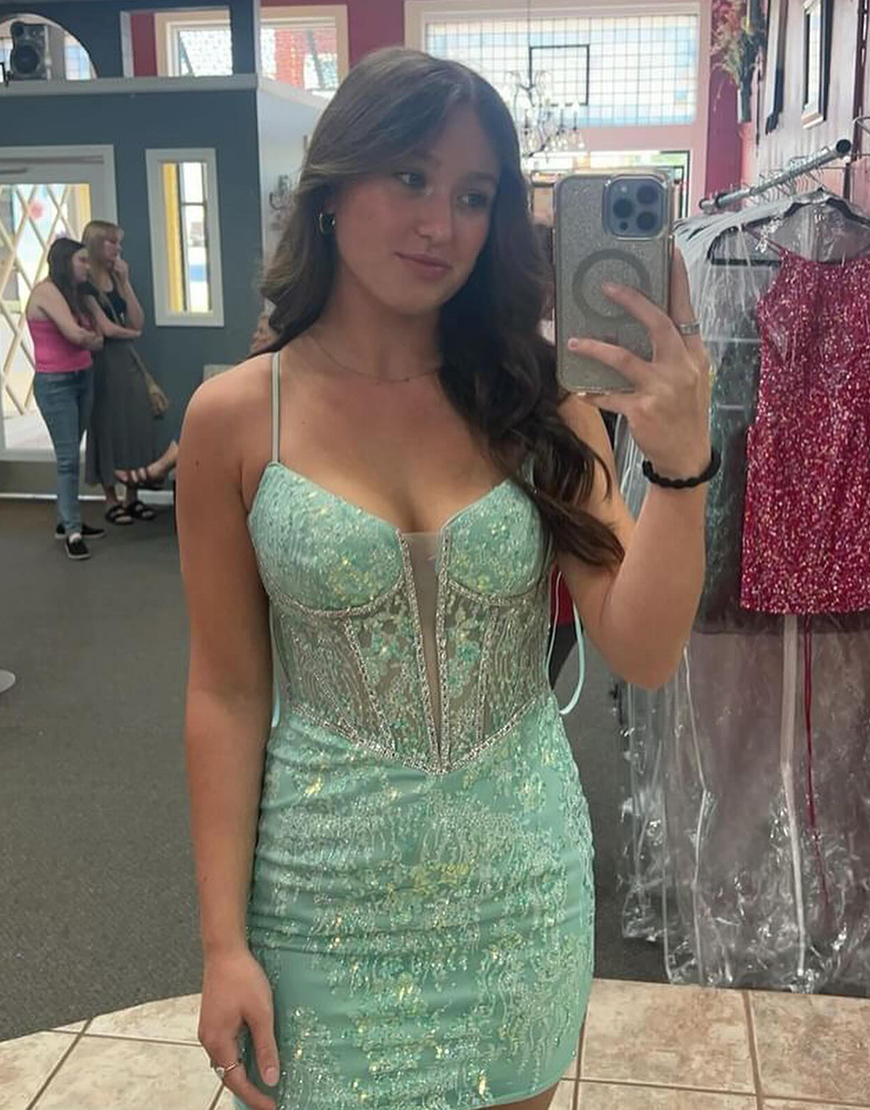 Sparkly Light Green Sequined Embroidery Corset Tight Homecoming Dress