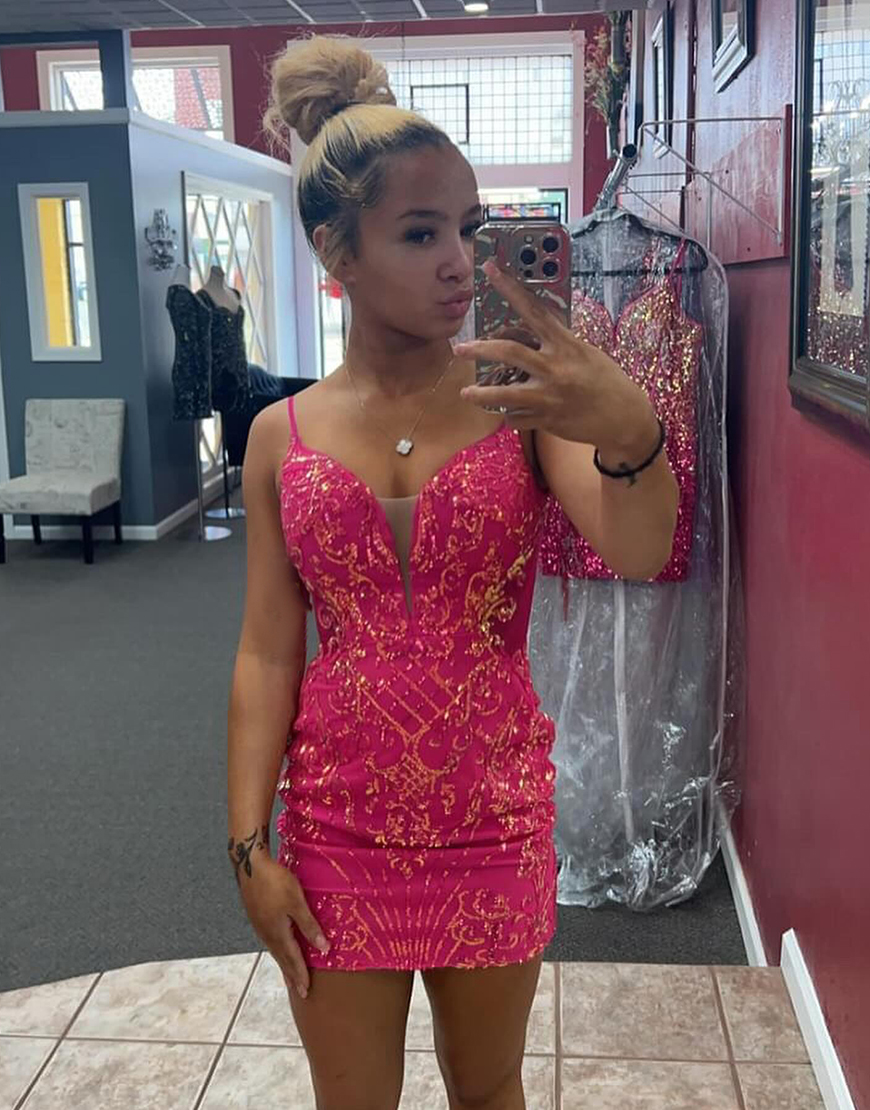 Sparkly Fuchsia Tight Spaghetti Straps Sequined Embroidery Homecoming Dress