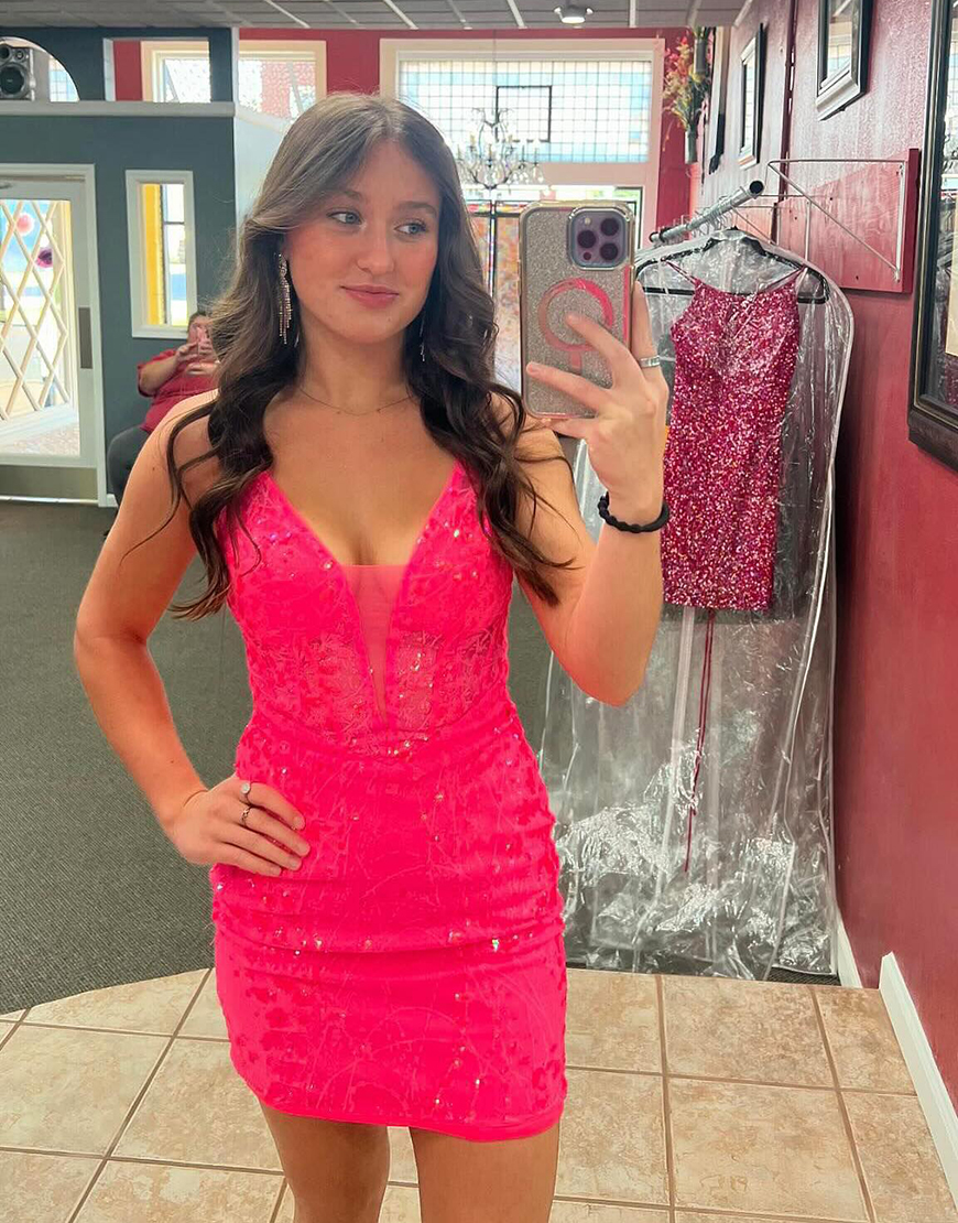 Sparkly Fuchsia Tight Spaghetti Straps Lace Corset Homecoming Dress