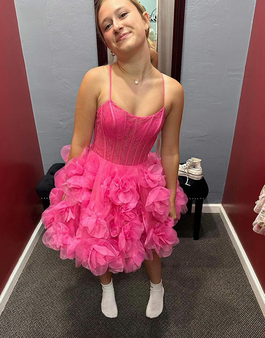 Fuchsia A-Line Flowers Spaghetti Straps Corset Homecoming Dress