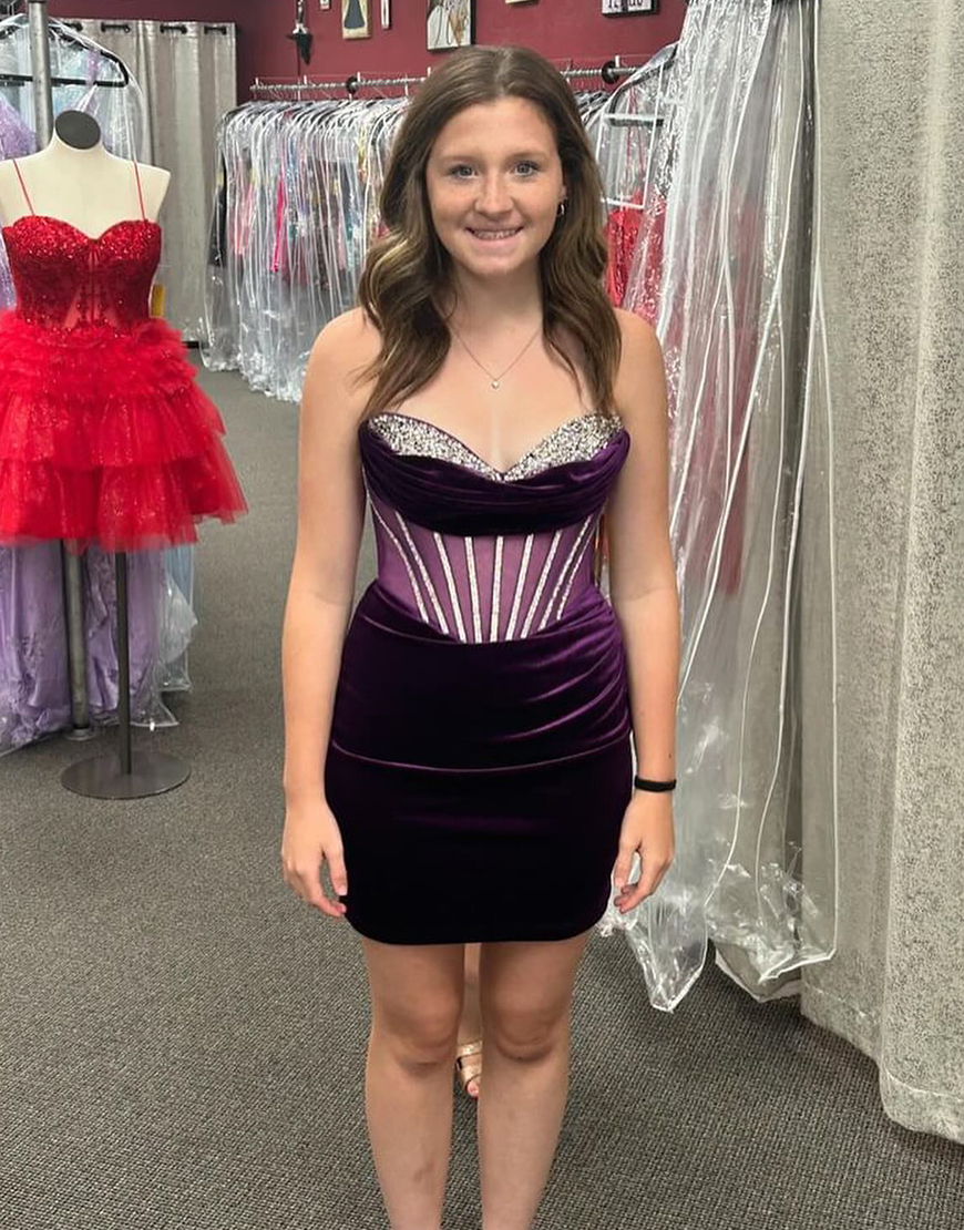 Sparkly Dark Purple Strapless Beaded Corset Tight Homecoming Dress