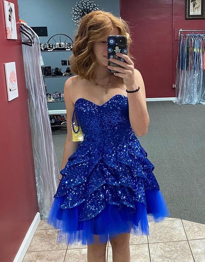 Sparkly Royal Blue A-Line Strapless Tiered Sequins Homecoming Dress