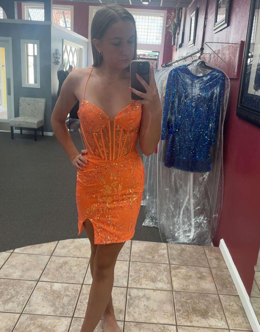 Sparkly Orange Corset Tight Sequined Embroidery Spaghetti Straps Homecoming Dress