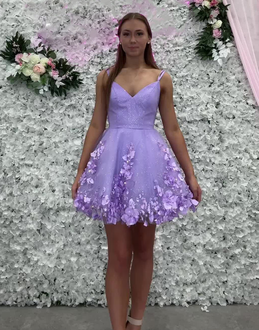 Sparkly Lavender A-Line Beaded Flowers Spaghetti Straps Homecoming Dress