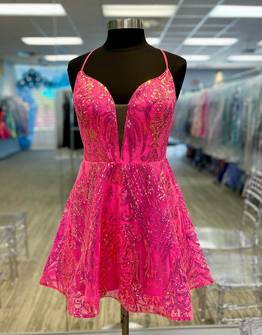   Sparkly Fuchsia A-Line Spaghetti Straps Sequined Embroidery Homecoming Dress