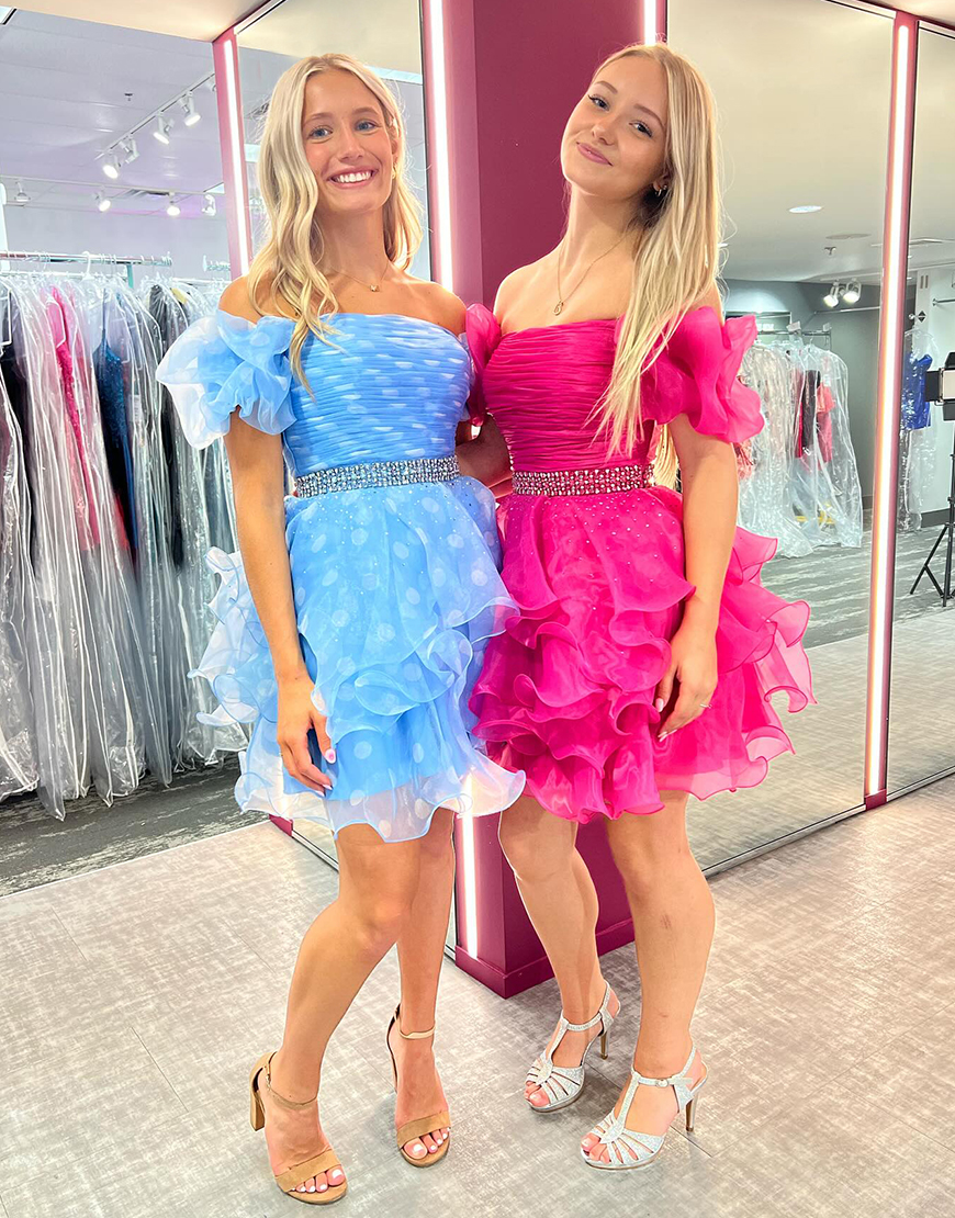 Sparkly Fuchsia Beaded A-Line Ruffled Off the Shoulder Homecoming Dress