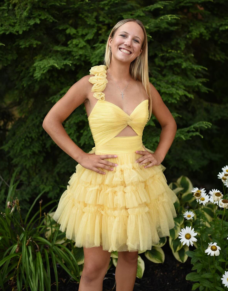 Yellow A-Line Flowers Asymmetrical Tiered Homecoming Dress