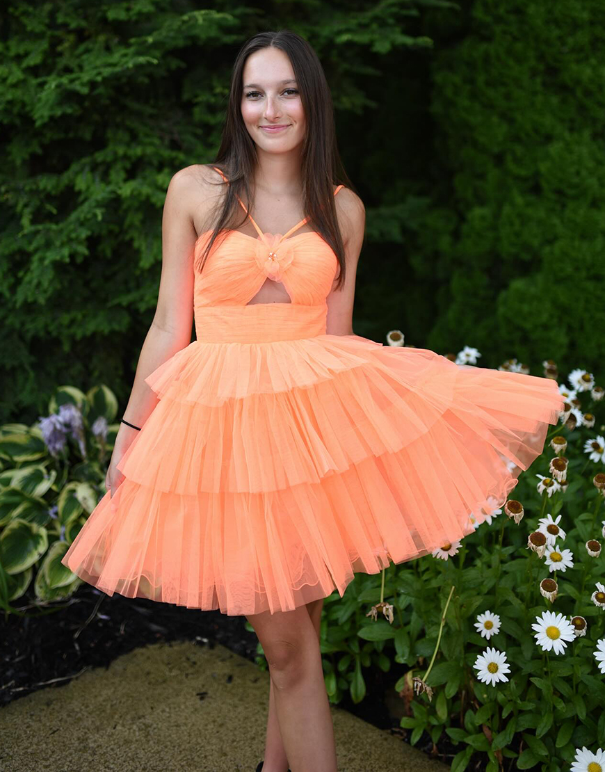 Orange A-Line Tiered Tulle Flower Spaghetti Straps Homecoming Dress