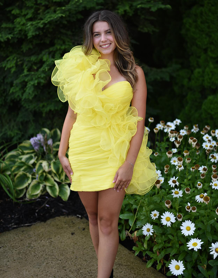 Yellow Tight Ruffle One Shoulder Homecoming Dress