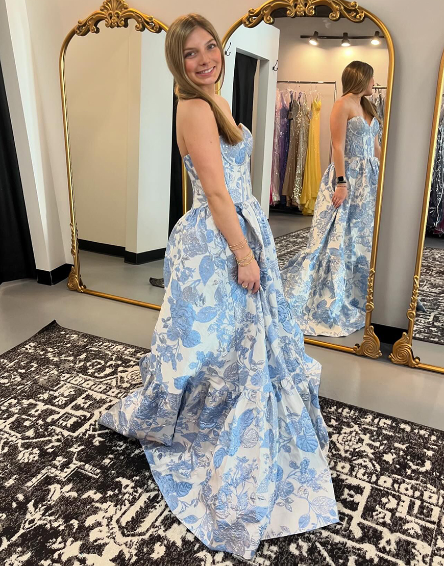 Blue A-Line Sweetheart Floral Ruffle Long Prom Dress