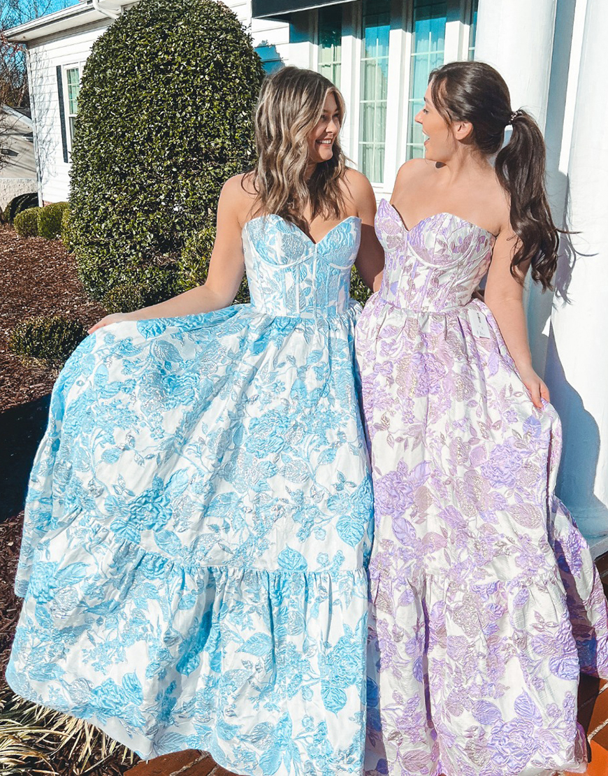 Blue A-Line Sweetheart Floral Ruffle Long Prom Dress