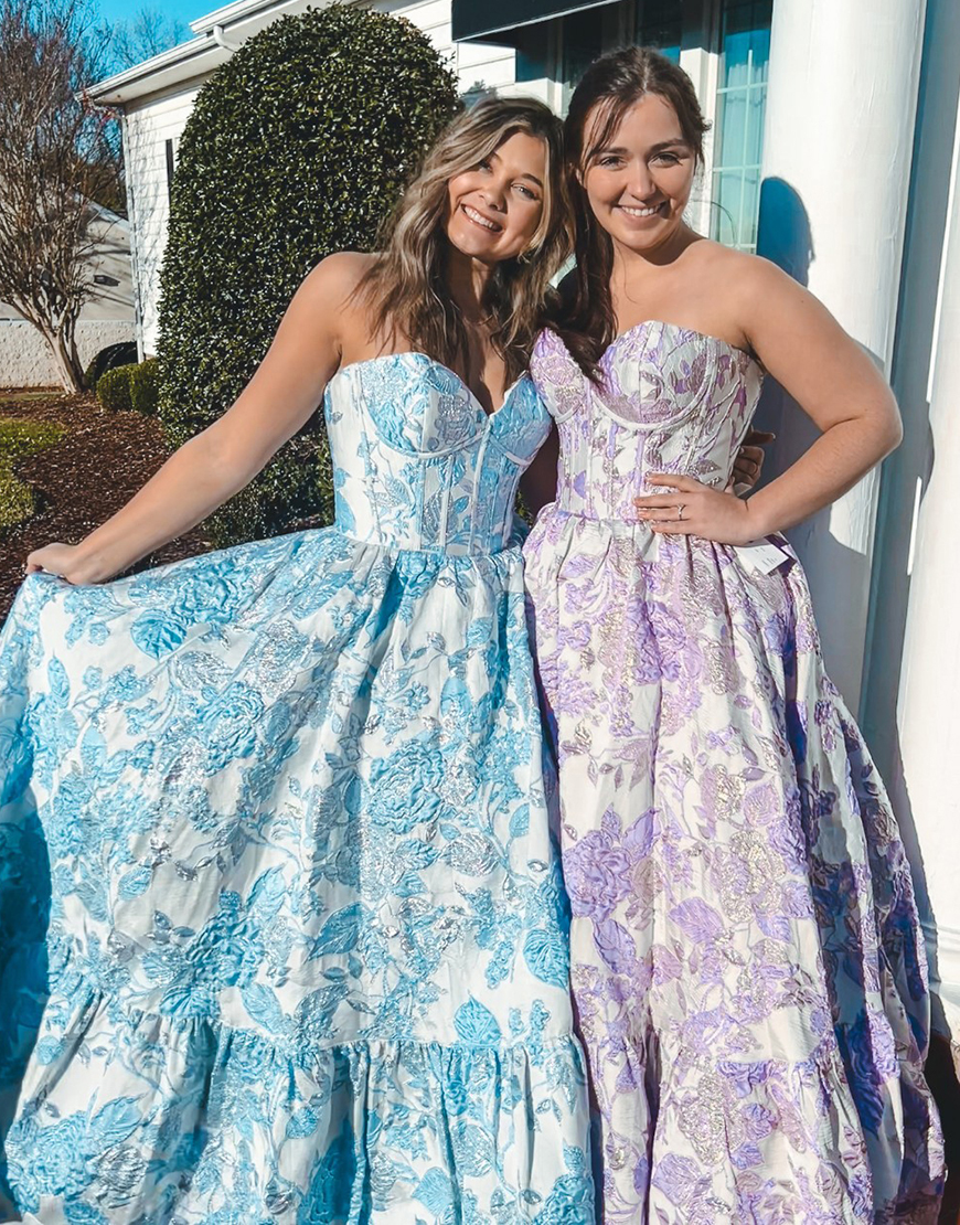 Blue A-Line Sweetheart Floral Ruffle Long Prom Dress