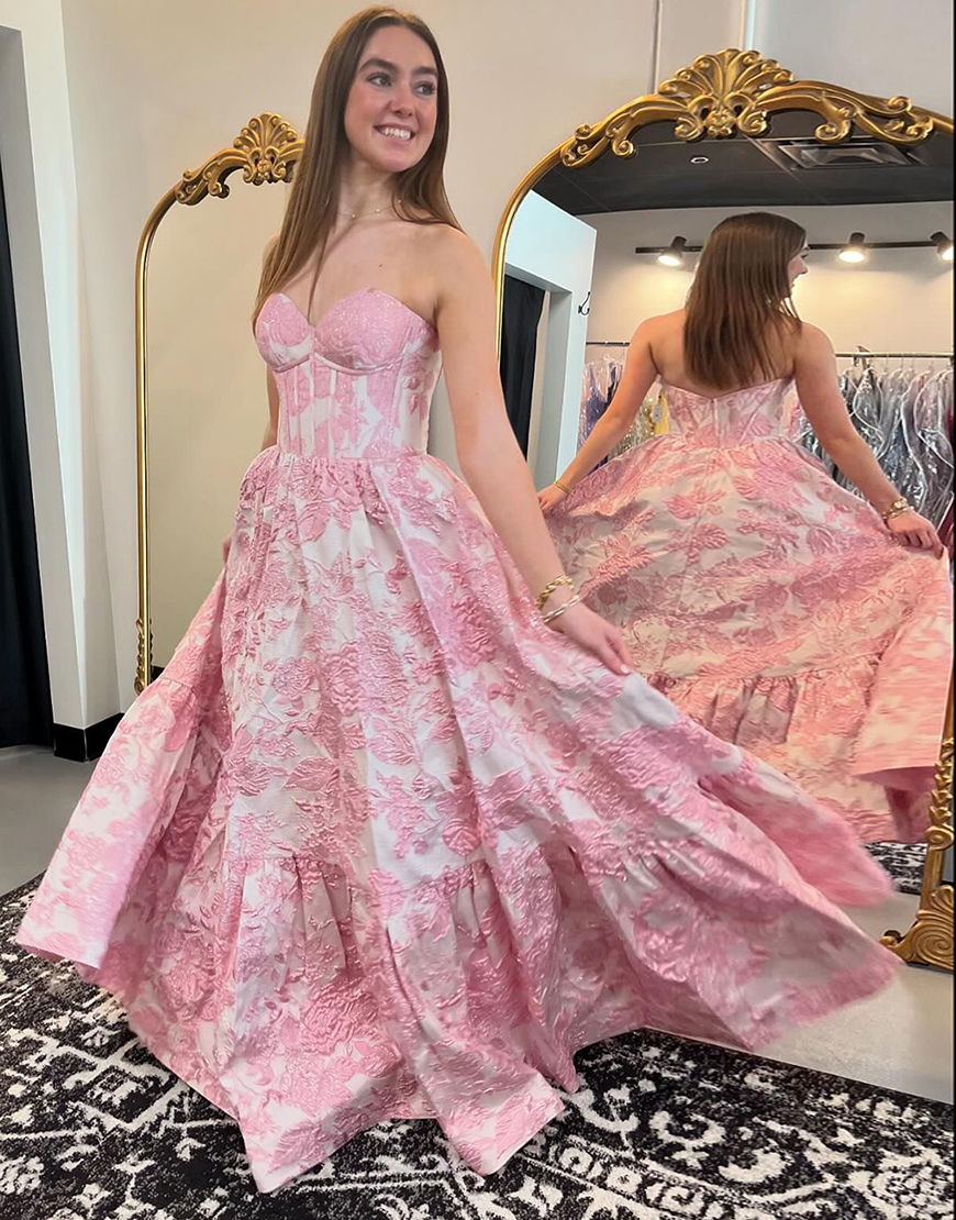 Blue A-Line Sweetheart Floral Ruffle Corset Long Prom Dress