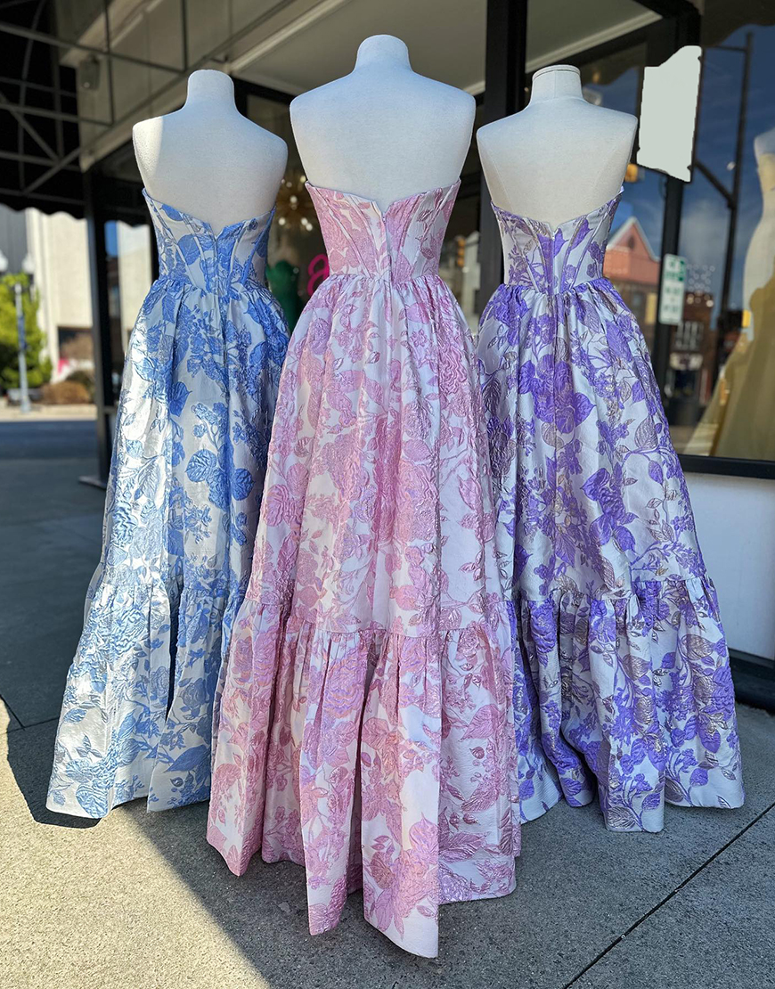 Blue A-Line Sweetheart Floral Ruffle Long Prom Dress